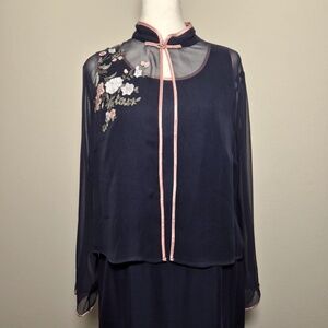 Robbie Bee 100% Silk Floral Navy Maxi Dress & Cardigan Romantic 2 Piece Set L